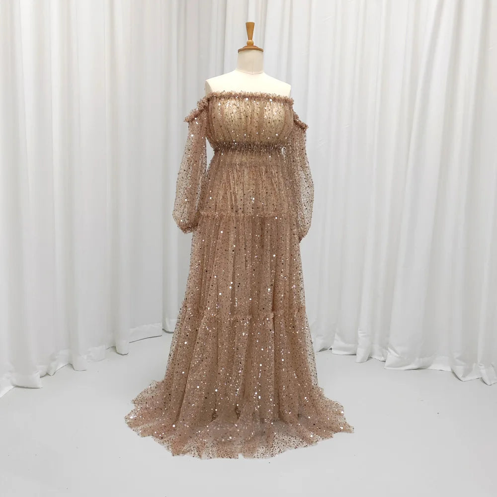 Brown Pearl Sequin Transparent Mesh One Shoulder Dress Maternity Dress Photoshoot Props Pregnant Women Photography Dress