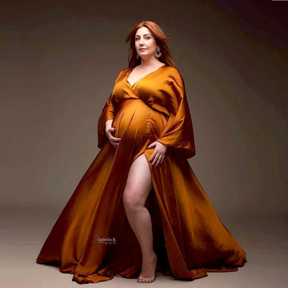 Maternity Elegant Soft Satin Chiffon Long Sleeved Dress Bohemian