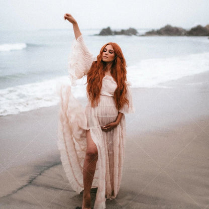 Maternity Pleated Chiffon Tulle Ruffles Dress Boho Style