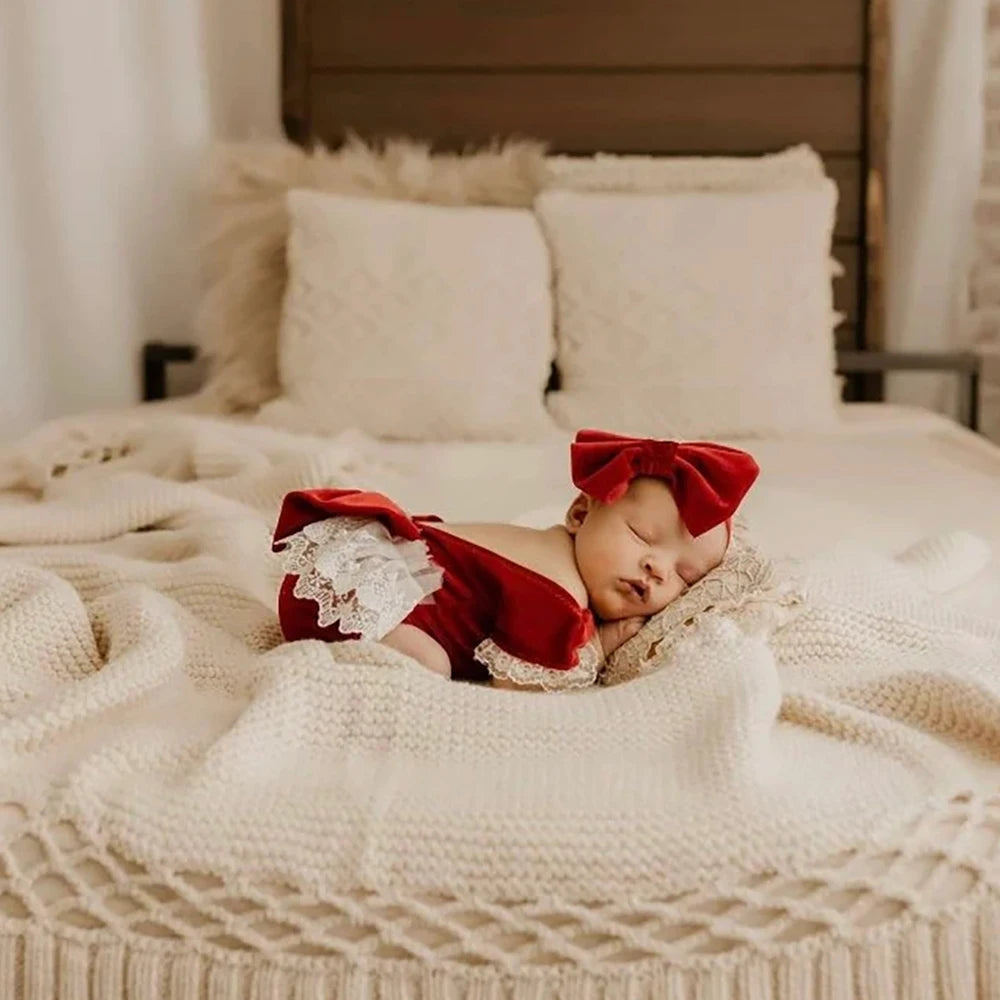 Christmas Velvet Newborn Romper Set Sage Green Baby Holiday