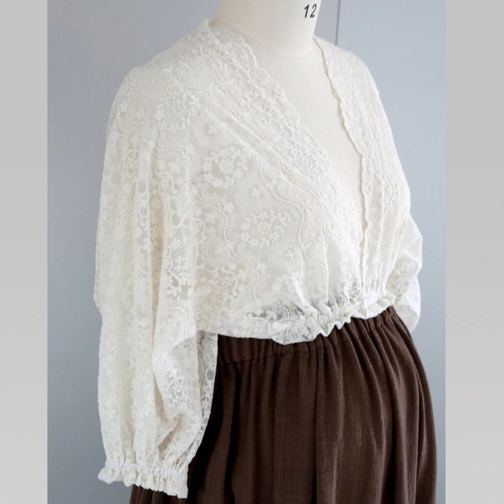 Maternity Bohemian Dual Color Design Two-pieces Set Vintage Lace Top Linen Cotton Skirt