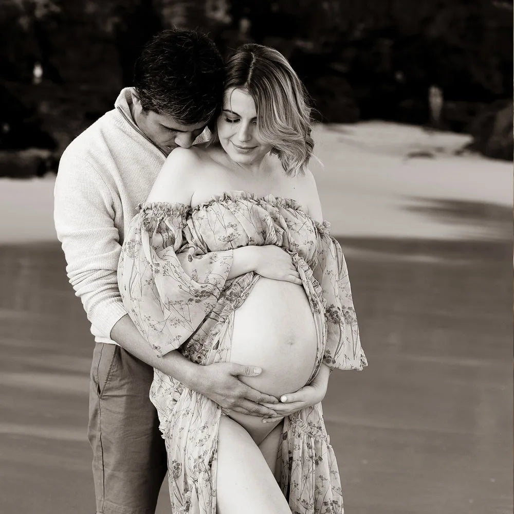 Maternity Printed Chiffon Long Sleeved Shoulder Material Elegant Dress
