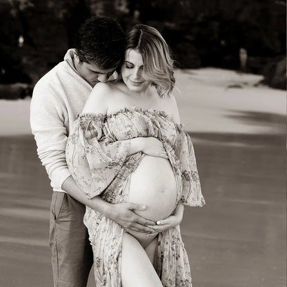 Maternity Printed Chiffon Long Sleeved Shoulder Material Elegant Dress
