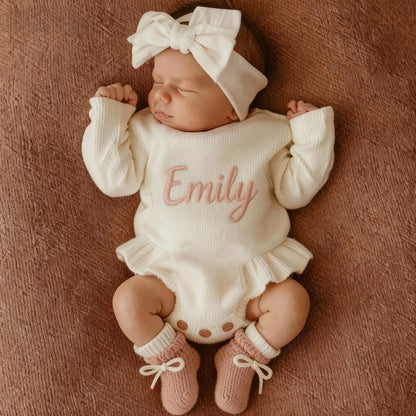 Newborn Personalized Baby Girl Knit Romper Ruffle Skirt Custom Name Embroidery Bow Headband Photo