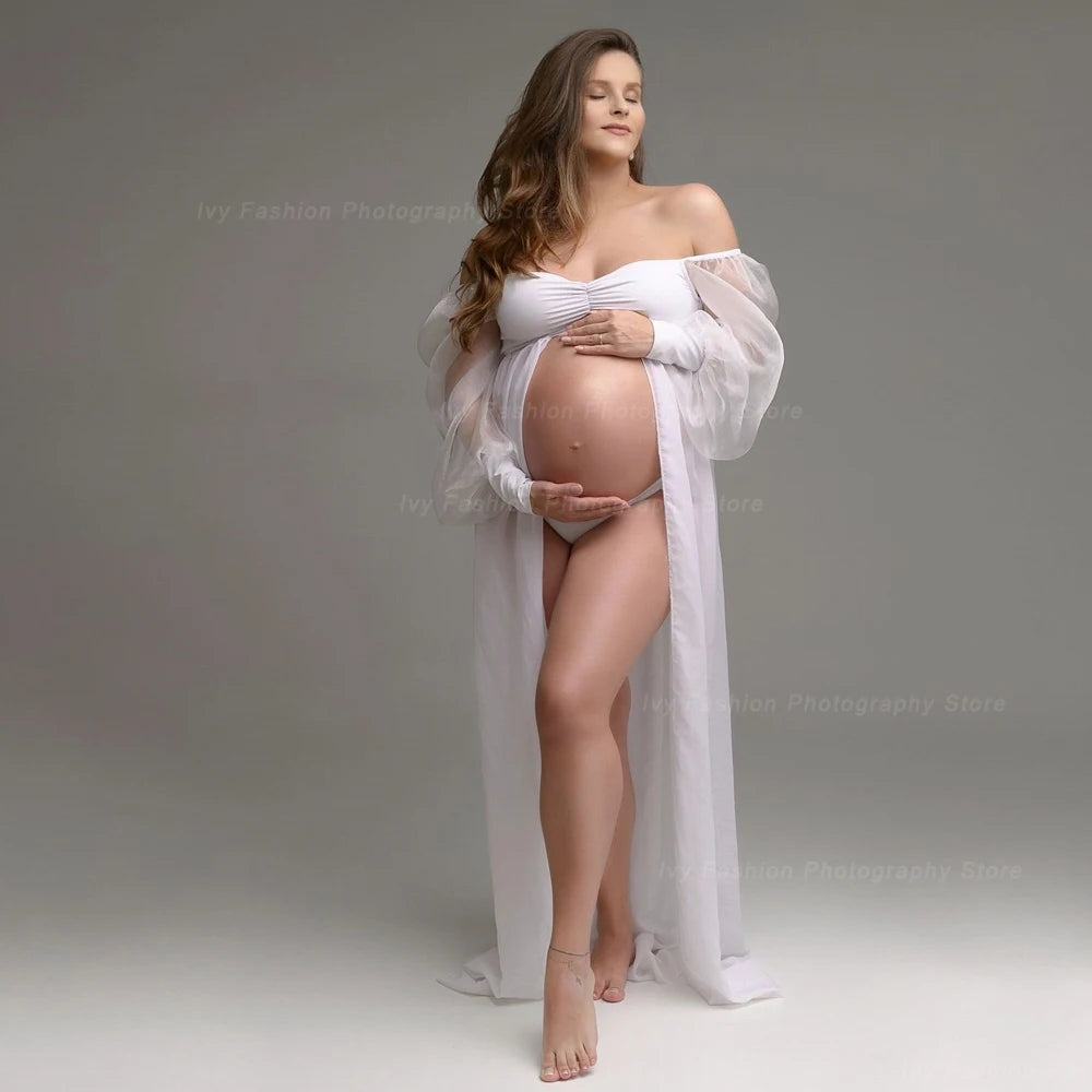 Maternity Dress Transparent White Chiffontulle Off Shoulder