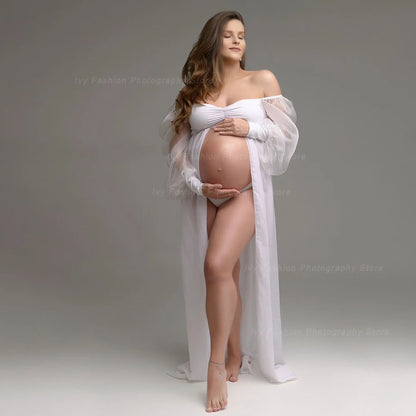 Maternity Dress Transparent White Chiffontulle Off Shoulder
