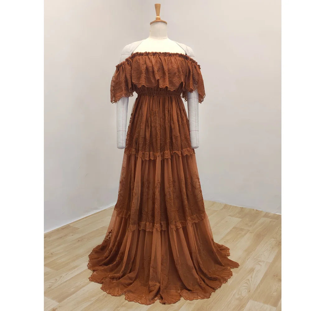 Maternity Dresses For Baby Showers Elegant Off Shoulder Embroidered Mesh Dress For Pregnant Women Photo Shoot Dress For Women