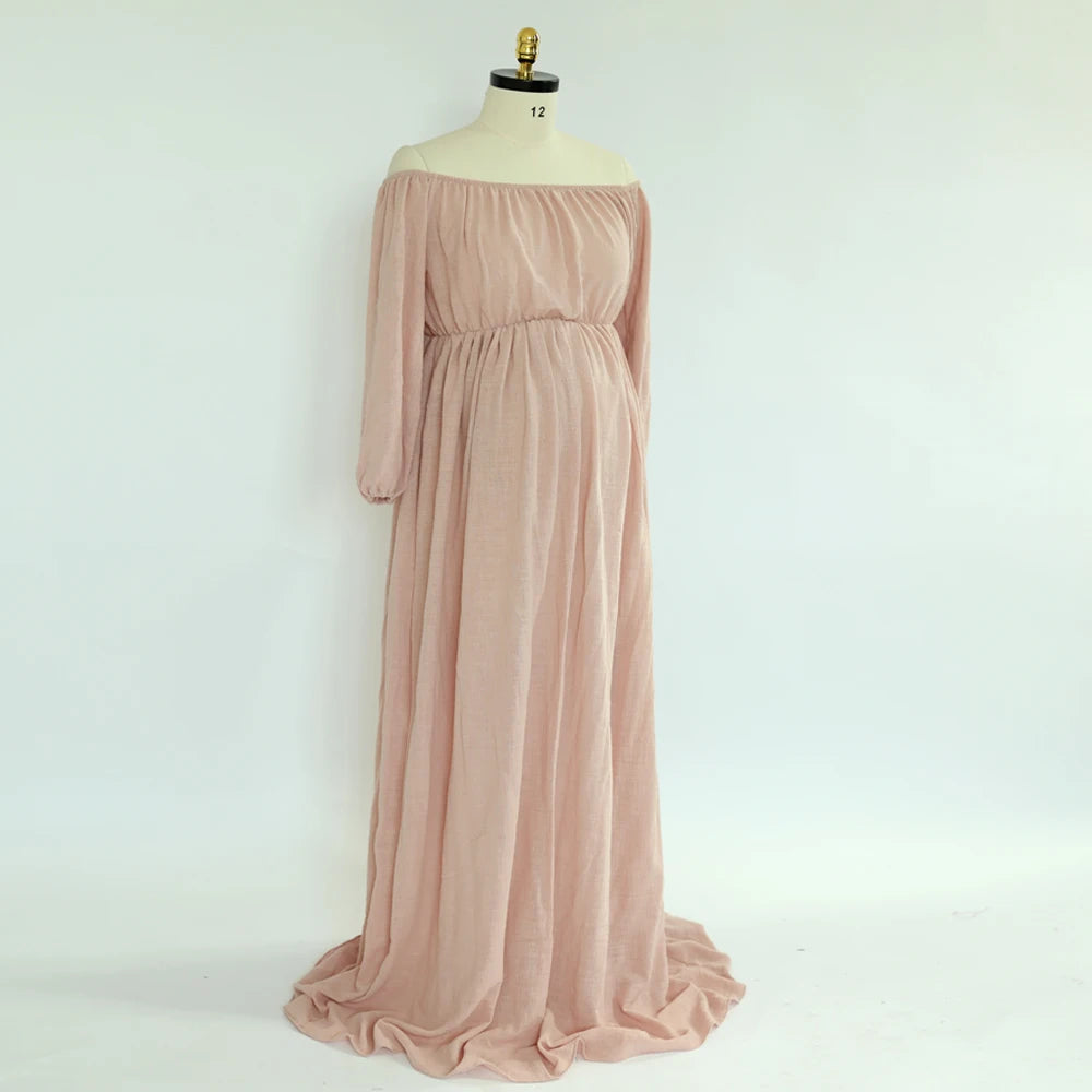 Maternity Bohemian Dress Comfort Linen Cotton One Shoulder Boho Style Baby Shower