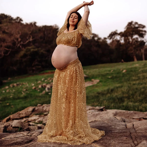 Golden Pearl Embroidered Hard Yarn  Two Piece Set Photo Shoot Photography Dress For Women Maternity Photography Dresses