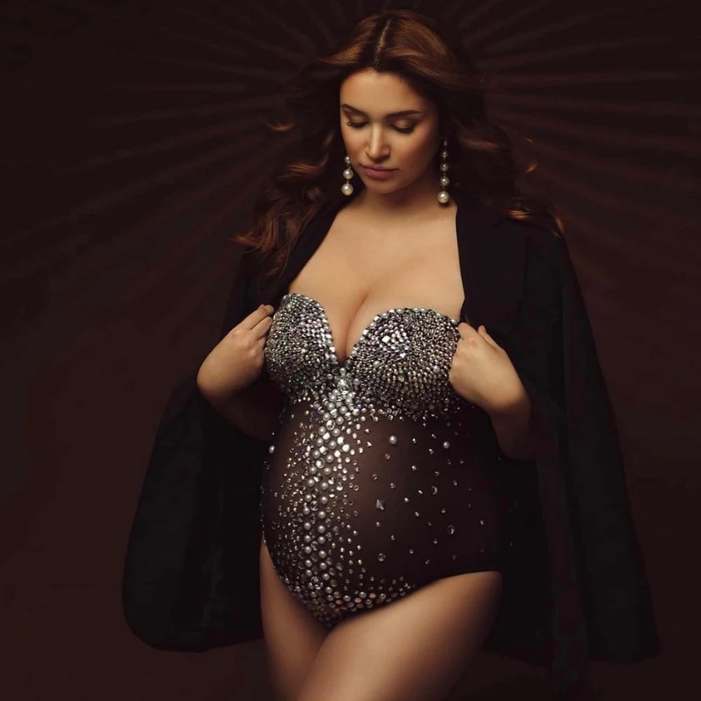 Maternity Luxurious Bodysuit Rhinestones Pearls Stretch Spandex Jumpsuit