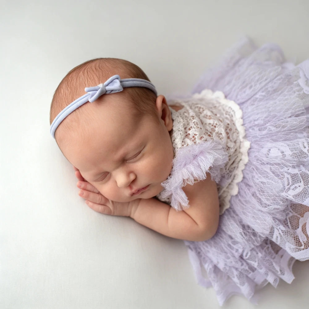Lavender Purple Lace Tutu Romper Newborn Fluffy Tulle Baby Girl Dress Open Back