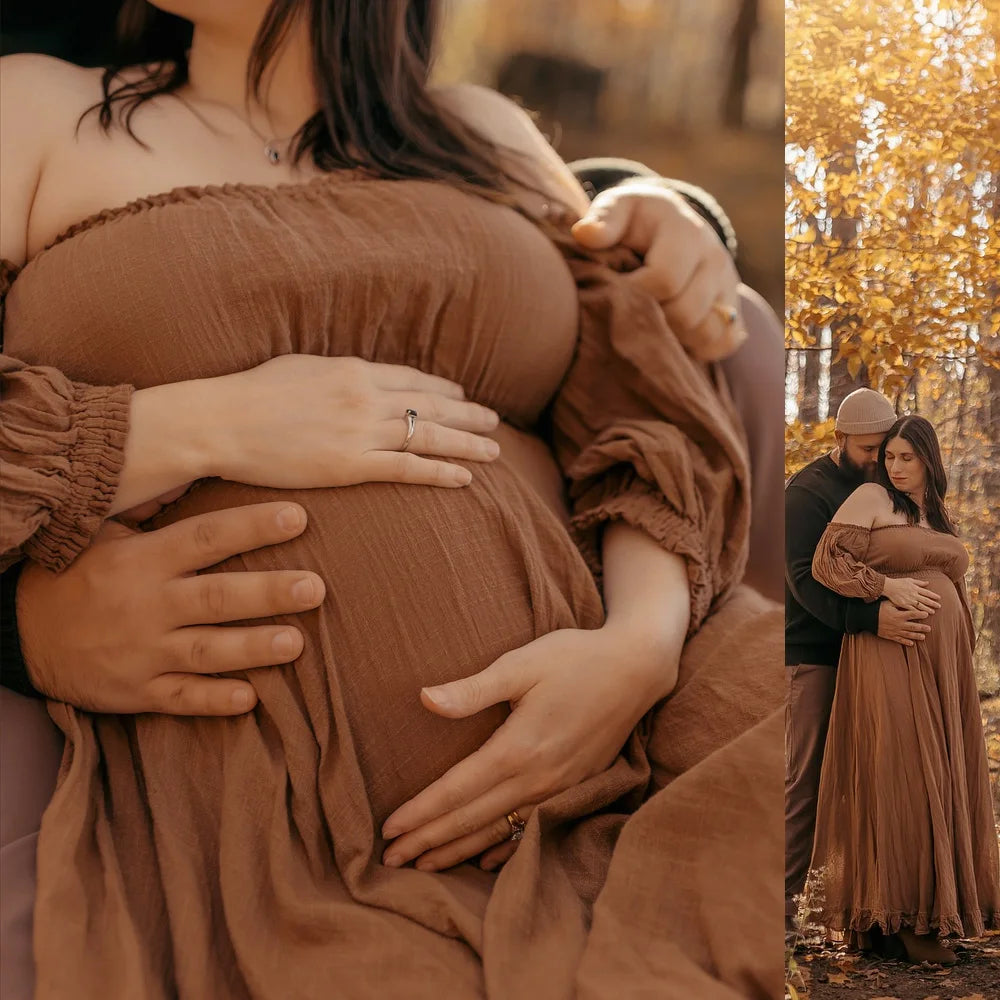Bohemian Photo Shooting Pregnancy Dress Soft Linen Cotton Off Shoulder Pleated Edge Dress Pregnant Women Photography Dress