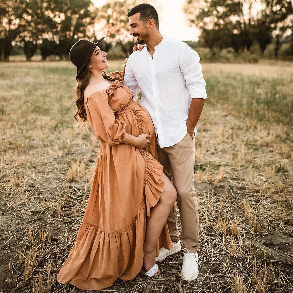 Maternity Baby Showers Cotton One Shoulder Long Sleeved Two-piece Dress