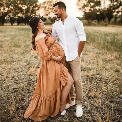 Maternity Baby Showers Cotton One Shoulder Long Sleeved Two-piece Dress