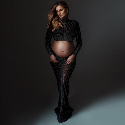 Maternity Party Elastic Mesh Nail Drill Dress