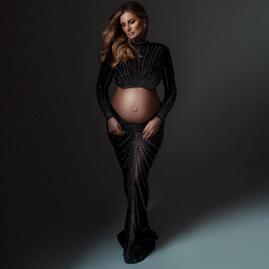 Maternity Party Elastic Mesh Nail Drill Dress