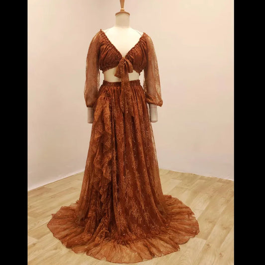 Bohemian Photo Shooting Pregnancy Dress Sequined Lace V-neck Dress Two-piece Set Boho Style Dress Photo Shoot Pregnant