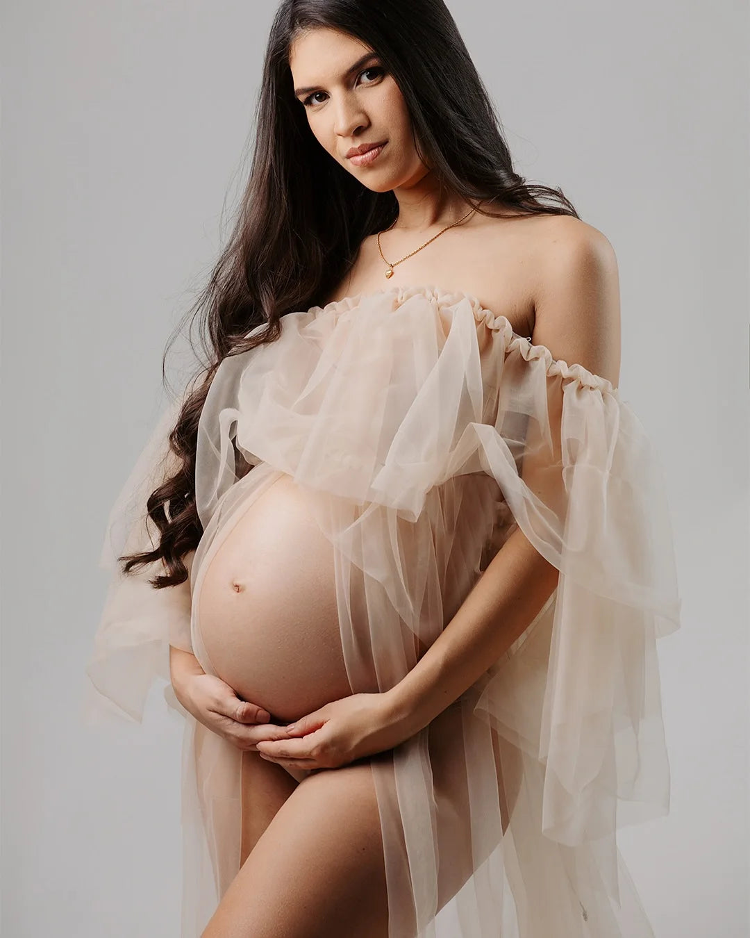 Maternity Ruffle Edge Mesh Floor Breathable Gown
