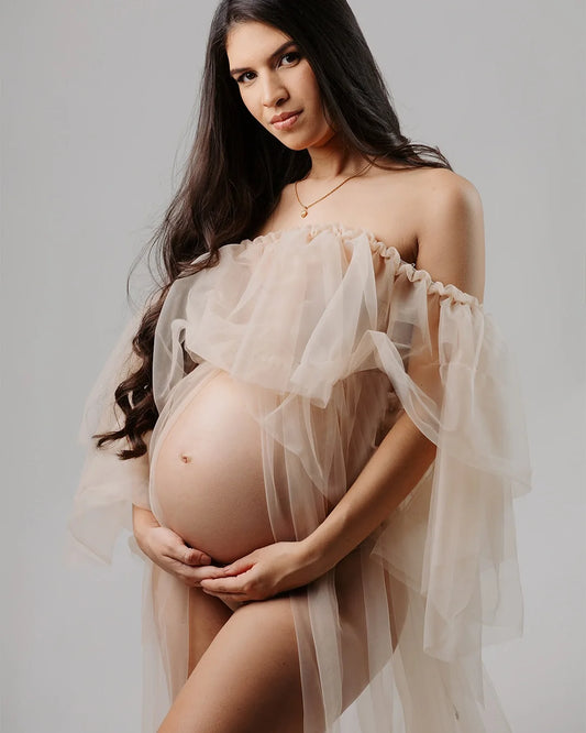 Maternity Ruffle Edge Mesh Floor Breathable Gown