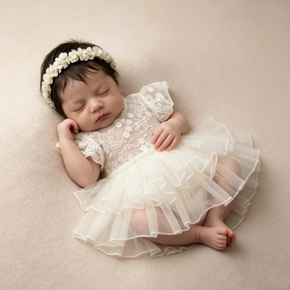 Newborn Vintage Cream Lace Romper Ruffle Skirt Costume Princess Studio Wardrobe
