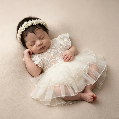 Newborn Vintage Cream Lace Romper Ruffle Skirt Costume Princess Studio Wardrobe