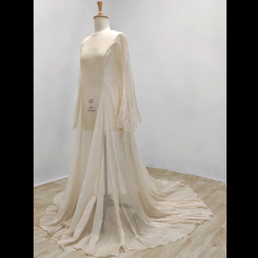 Simple Style Long Sleeve Soft Tulle Dress Clothes For Pregnant Women Floor Length Long Tail Dress Maternity Photo Shoot Dresses