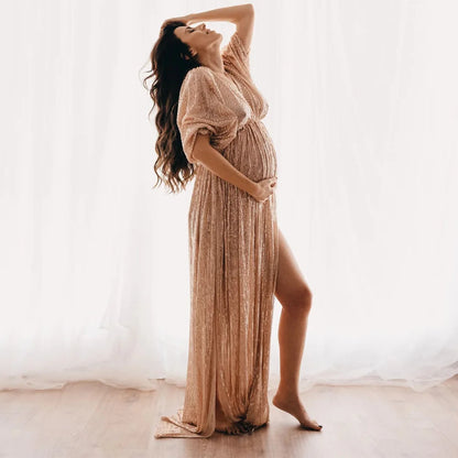Maternity Dress V-neck Champagne Sequin Party