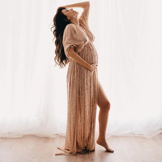 Maternity Dress V-neck Champagne Sequin Party
