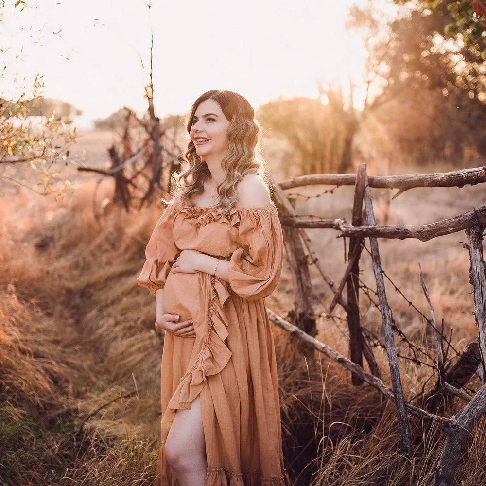 Maternity Baby Showers Cotton One Shoulder Long Sleeved Two-piece Dress