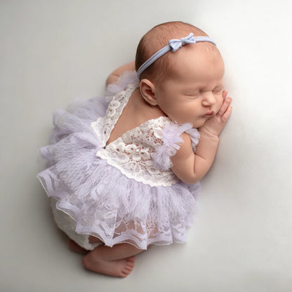 Lavender Purple Lace Tutu Romper Newborn Fluffy Tulle Baby Girl Dress Open Back