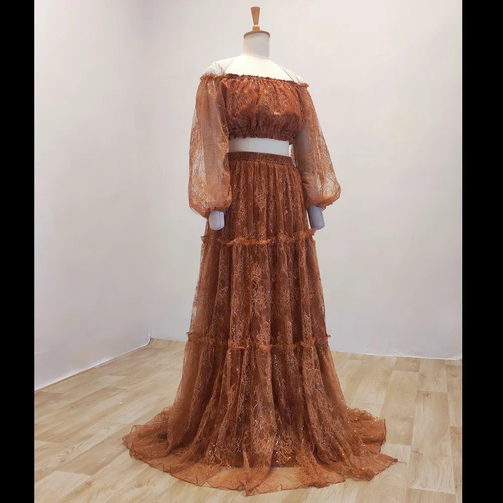 Maternity Gown For Photo Shoot V-neck And Off Shoulder Lace Dress Two-piece Set Boho Pregnant Dress Photography Dress For Women