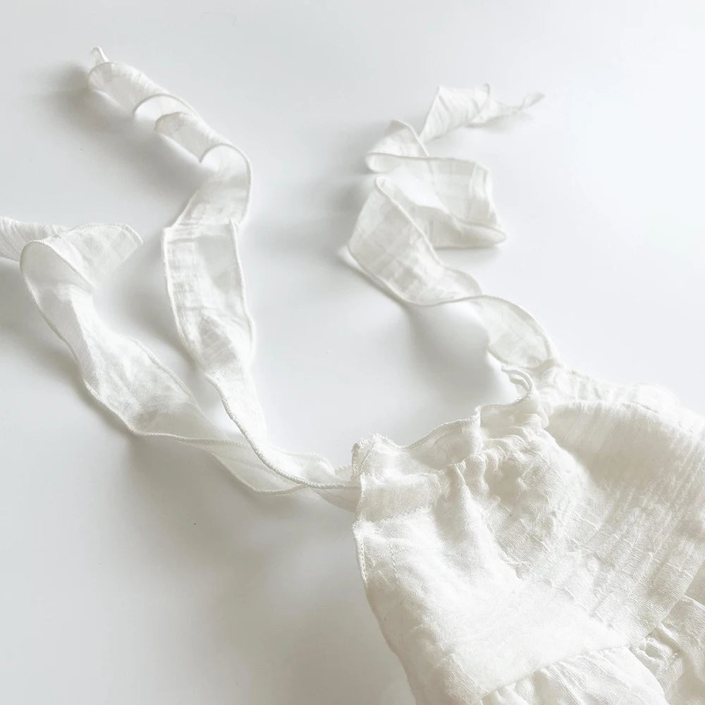 Newborn Romper White Ruffled Tie Strap Baby Photo Soft Studio Shoot