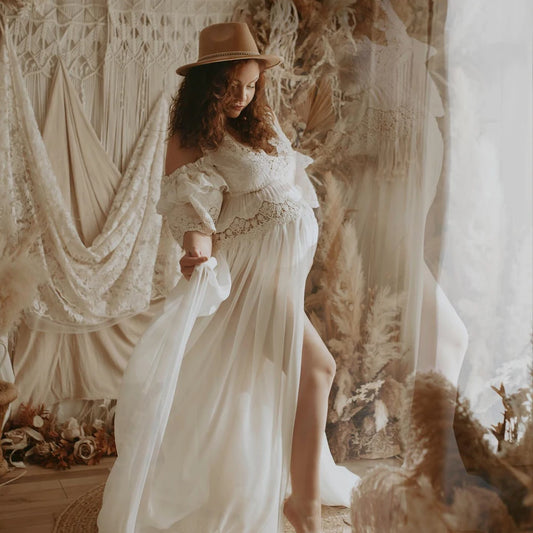 Maternity Elegant V-neck Embroidered Cotton Lace Chiffon Dress