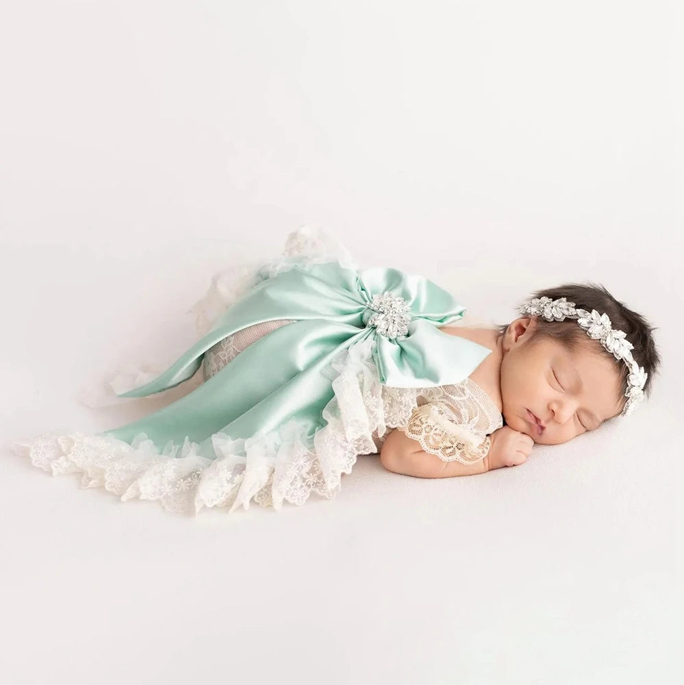 Newborn Baby Girl Lace Ruffled Romper Oversized Satin Bow Rhinestone Headband Photo