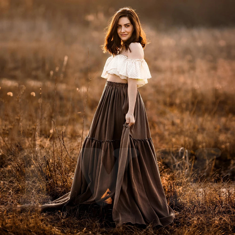 Maternity Bohemian Dual Color Design Two-pieces Set Vintage Lace Top Linen Cotton Skirt