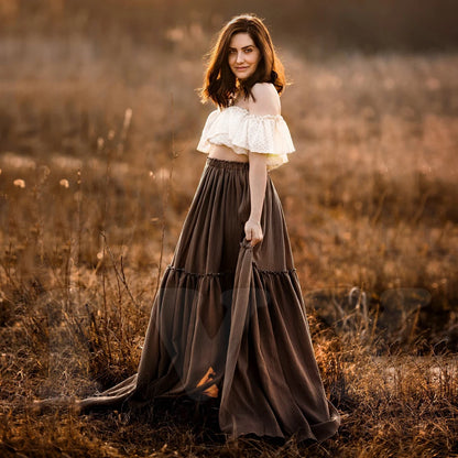 Maternity Bohemian Dual Color Design Two-pieces Set Vintage Lace Top Linen Cotton Skirt
