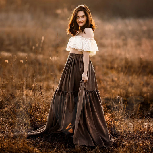 Maternity Bohemian Dual Color Design Two-pieces Set Vintage Lace Top Linen Cotton Skirt