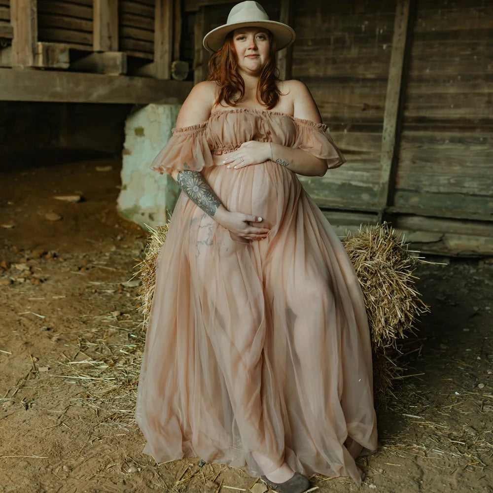 Photography Dress For Women Maternity Gown For Photo Shoot Transparent Chiffon Off Shoulder Ruffle Sleeves Two-piece Dress