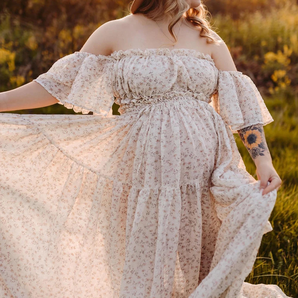 Maternity Dress Floral Chiffon Two-piece Long Sleeved Short Top Baby Showers