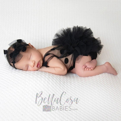 Black Polka Dot Tutu Romper Newborn Baby Girl Tulle Skirt Bow Headband Professional Studio Photos