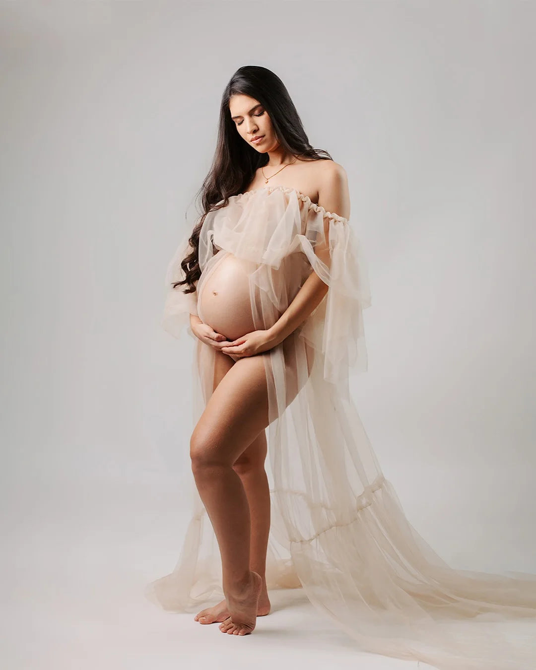 Maternity Ruffle Edge Mesh Floor Breathable Gown