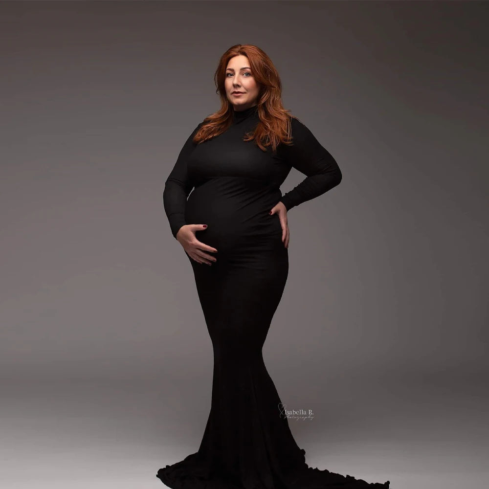 Maternity Fashionable Black Stretch Cotton Floor Length Dress Baby Showers Pregnancyphoto