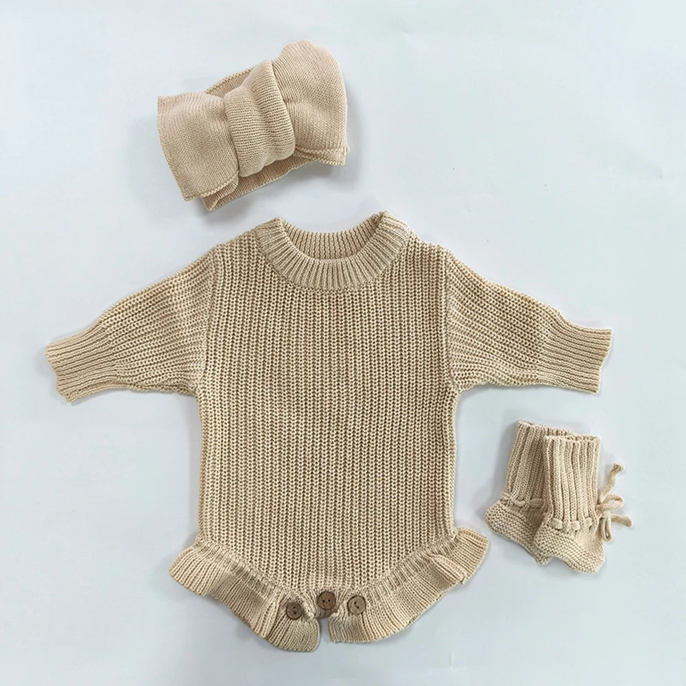 Newborn Personalized Baby Girl Knit Romper Ruffle Skirt Custom Name Embroidery Bow Headband Photo