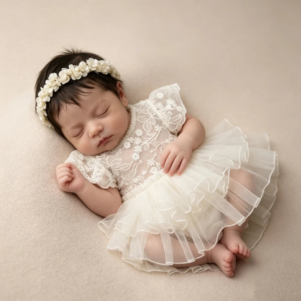Newborn Vintage Cream Lace Romper Ruffle Skirt Costume Princess Studio Wardrobe