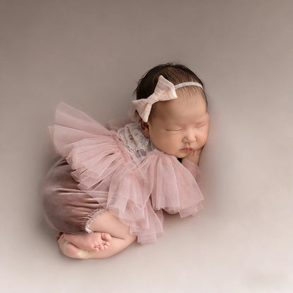 Newborn Photo Baby Girl Pink Lace Tutu Romper Velvet Shorties Ruffle Tulle Bow Headband