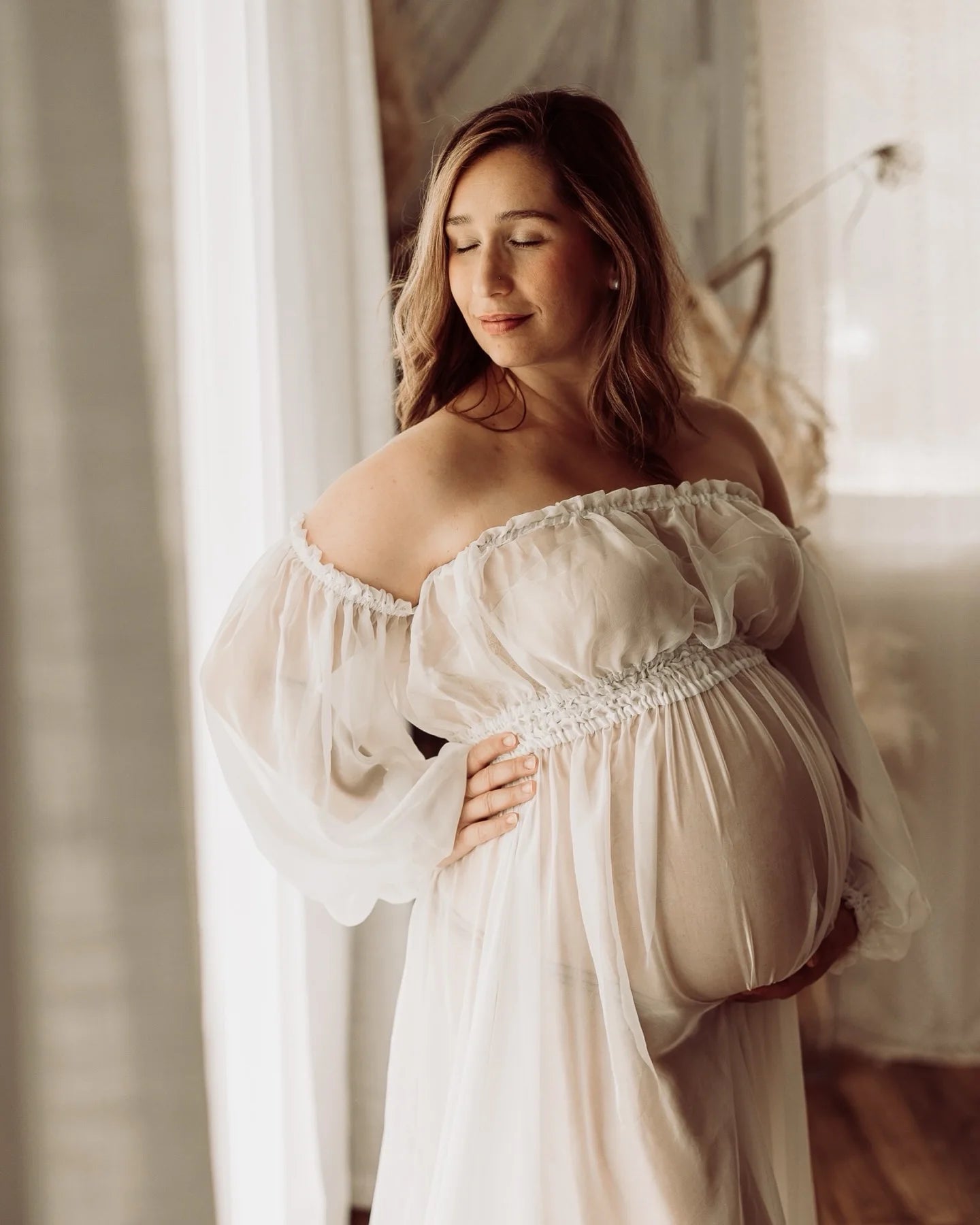  Elegant Bridal Chiffon Maternity Dresses Sexy Transparent Long Sleeves Dress Photo Shoot Photography Dress For Women