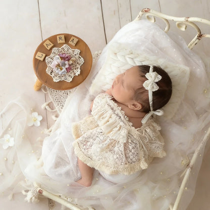 Beige Lace Ruffle Off Shoulder Romper Newborn Baby Girl Clothing