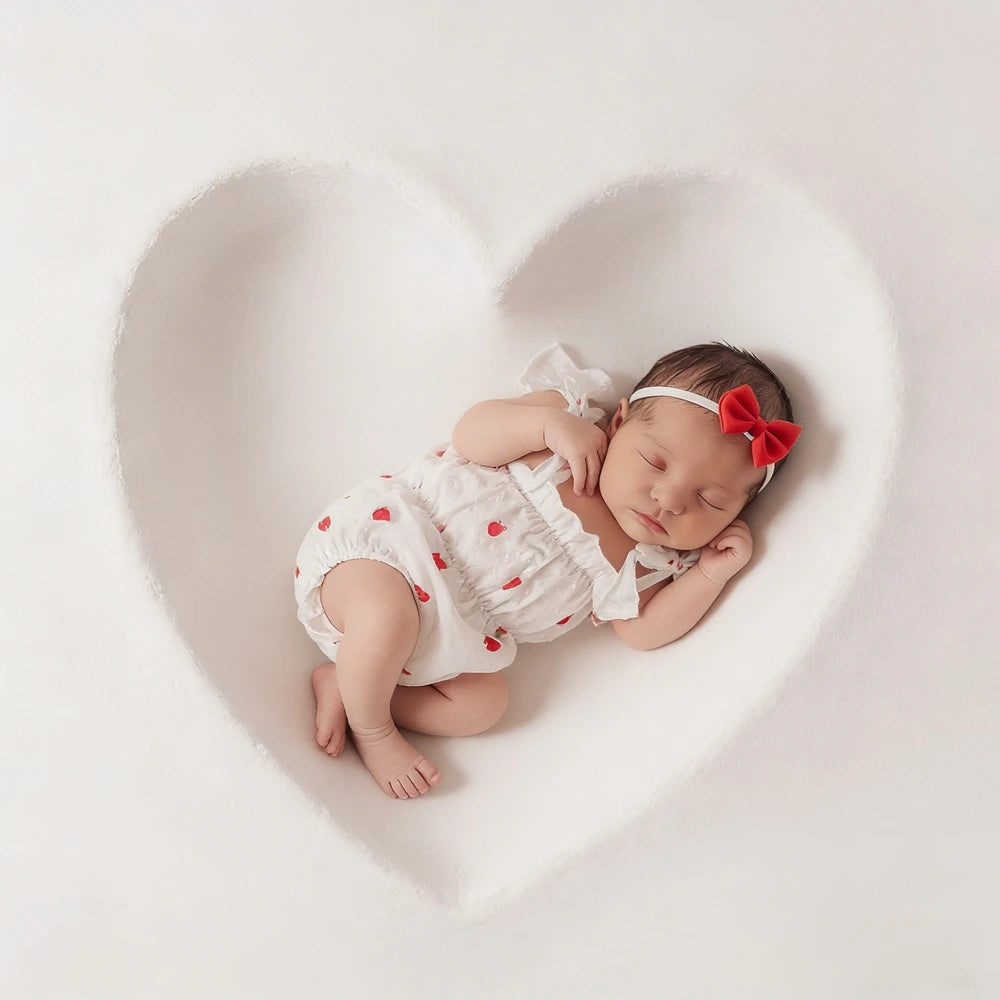 Newborn Baby Girl White Heart Print Lace Shoulder Romper Princess Costume