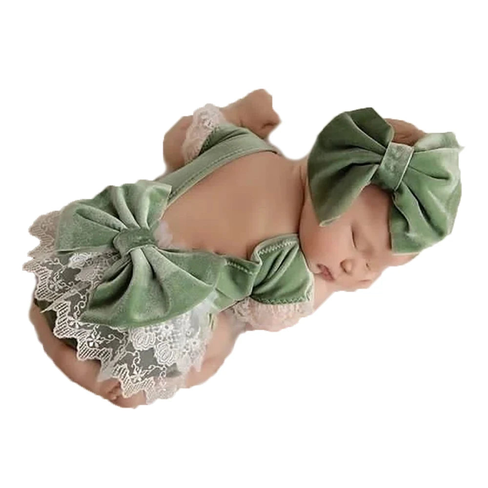 Christmas Velvet Newborn Romper Set Sage Green Baby Holiday