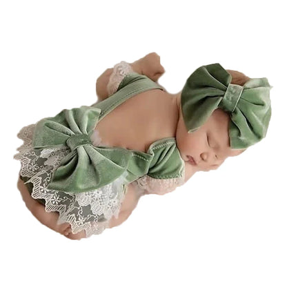 Christmas Velvet Newborn Romper Set Sage Green Baby Holiday